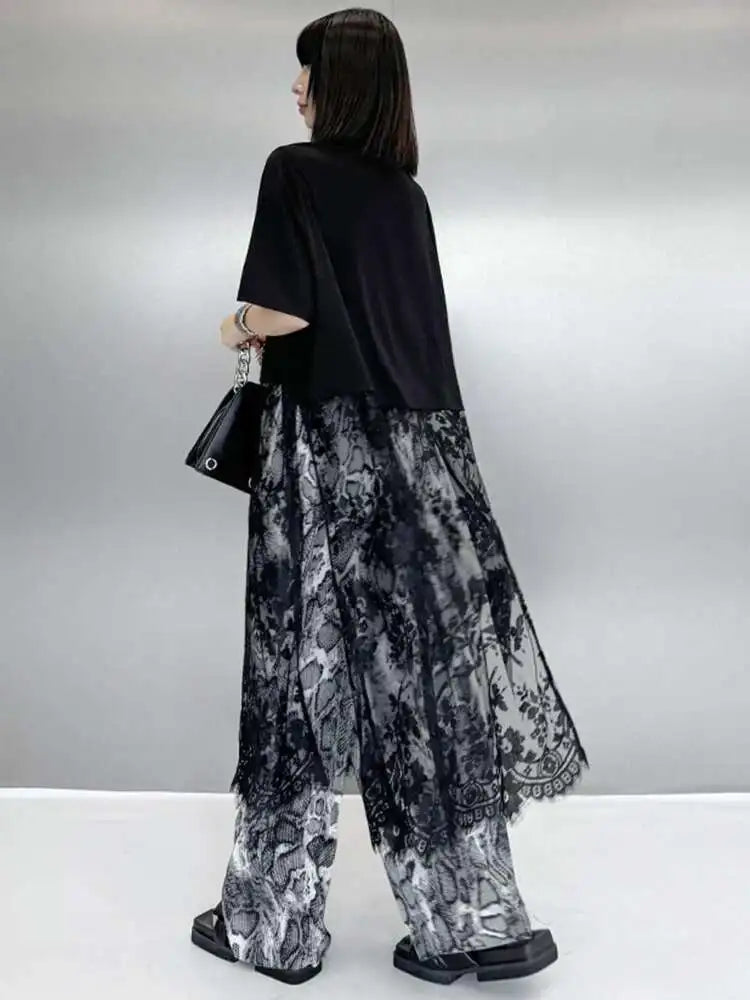 Women Black Hem Lace Perspective Big Size Midi Dress New Round Neck Short Sleeve Fashion Tide Spring Summer 2025 1DH6140