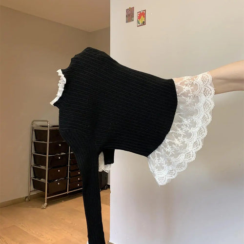 Load image into Gallery viewer, Retro Korean Version Women Sweet Solid Patchwork Lace Elegant Knitted Half High Neck Sweater Autumn Winter Slim Pullovers Tops
