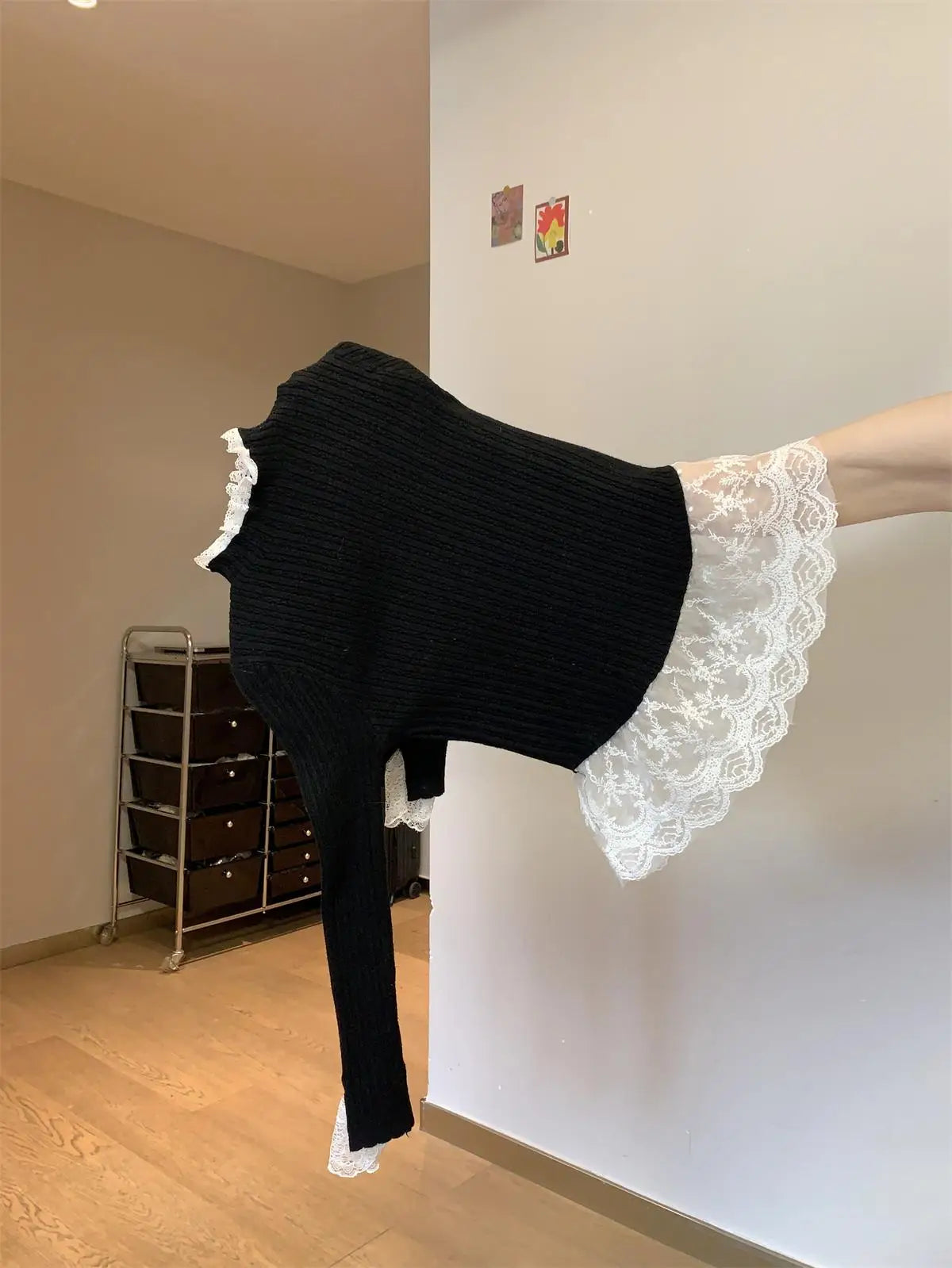 Retro Korean Version Women Sweet Solid Patchwork Lace Elegant Knitted Half High Neck Sweater Autumn Winter Slim Pullovers Tops