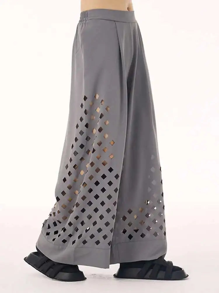 High Elastic Waist Gray Hollow Out Long Wide Leg Casual Pants New Trousers Women Fashion Tide Spring Autumn 2025  1DH9432