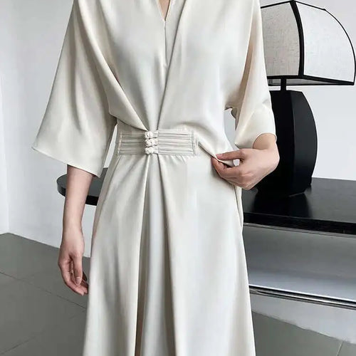Load image into Gallery viewer, Women Black Buckle Long Elegant Dress New Round Neck Three-quarter Sleeve Loose Fit Fashion Spring Autumn 2025 1DE7880
