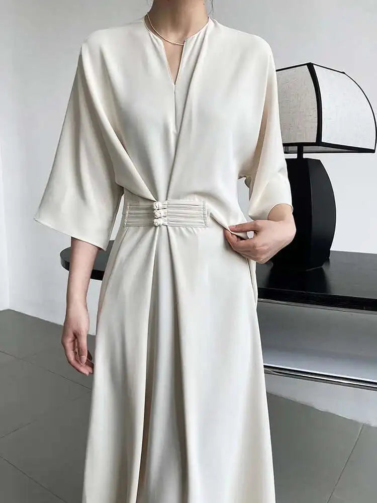 Women Black Buckle Long Elegant Dress New Round Neck Three-quarter Sleeve Loose Fit Fashion Spring Autumn 2025 1DE7880