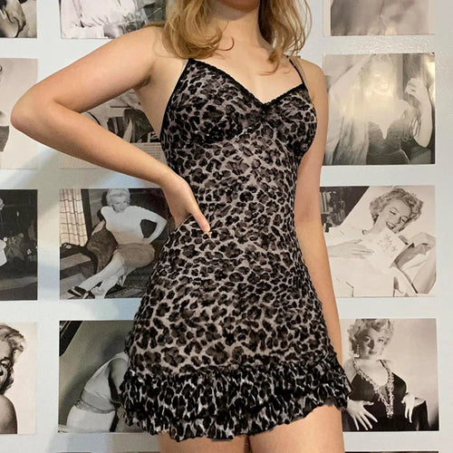Load image into Gallery viewer, Strap Vintage Y2K Leopard Sexy Dress Women Lace Trim Ruffles Chic Summer Party Dresses Mini 2000s Aesthetic Sundress
