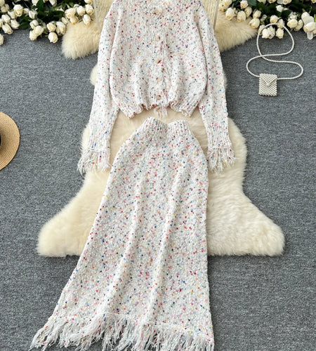 Autumn Winter Women Sweet Colorful Elegant Long Sleeves Slim Sweater Knit Top And High Waist Tassel Skirt 2024 New Two Piece Set
