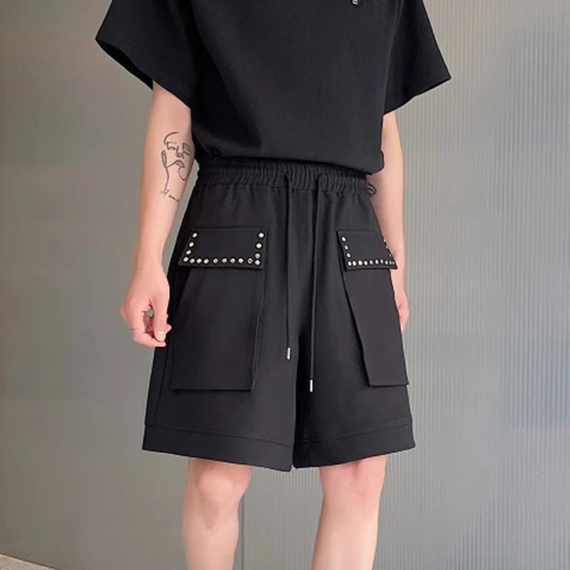 Elastic Waist Wide Leg Shorts Summer New Loose Male Straight Leg Pants Solid Color Pocket Lace-up Casual Trend 9C5354