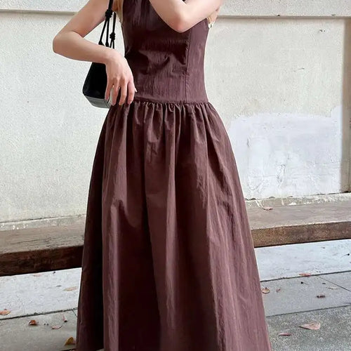 Load image into Gallery viewer, Women Coffee Color-block Elegant Long Vest Dress New Round Neck Sleeveless Fashion Tide Spring Summer 2025 1DJ0743
