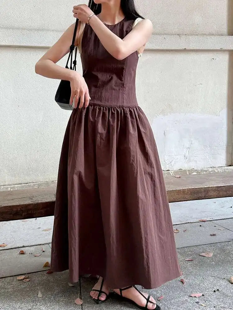 Women Coffee Color-block Elegant Long Vest Dress New Round Neck Sleeveless Fashion Tide Spring Summer 2025 1DJ0743