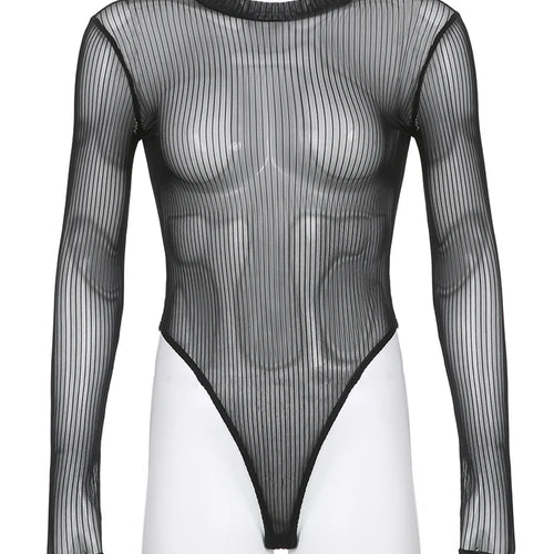 Load image into Gallery viewer, Fashion Skinny Black Stripe Naked Sexy Bodysuit Long Sleeve Summer Women&#39;s Bodies See-Through Party One Piece Outfits
