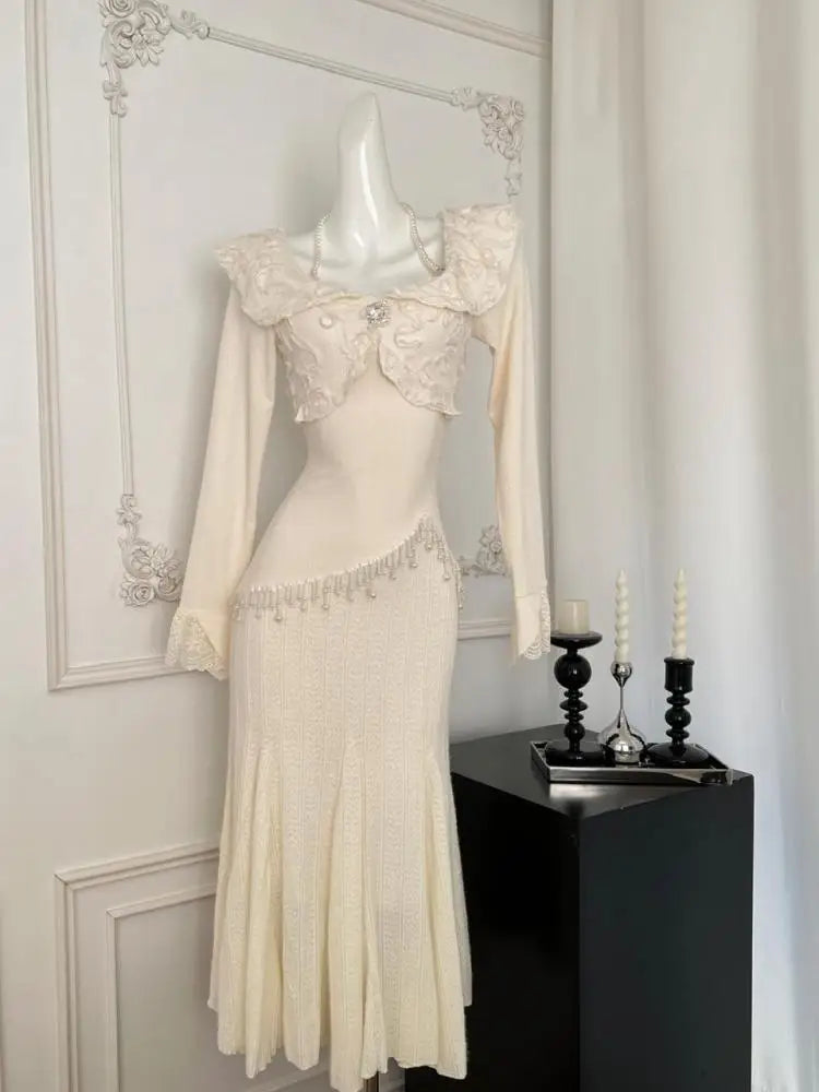 French Fashion Women's Beige Lace Tassel Long Sleeve Ruffles Dress 2024 Autumn Vintage New High Waist Pleated Fishtail Dresses