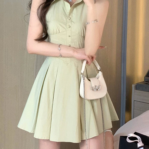 Load image into Gallery viewer, Green Sleeveless Polo Shirt Dresses Summer Solid Color Slim Waist Button Fashion Female Dress Vacation Casual Streetwear
