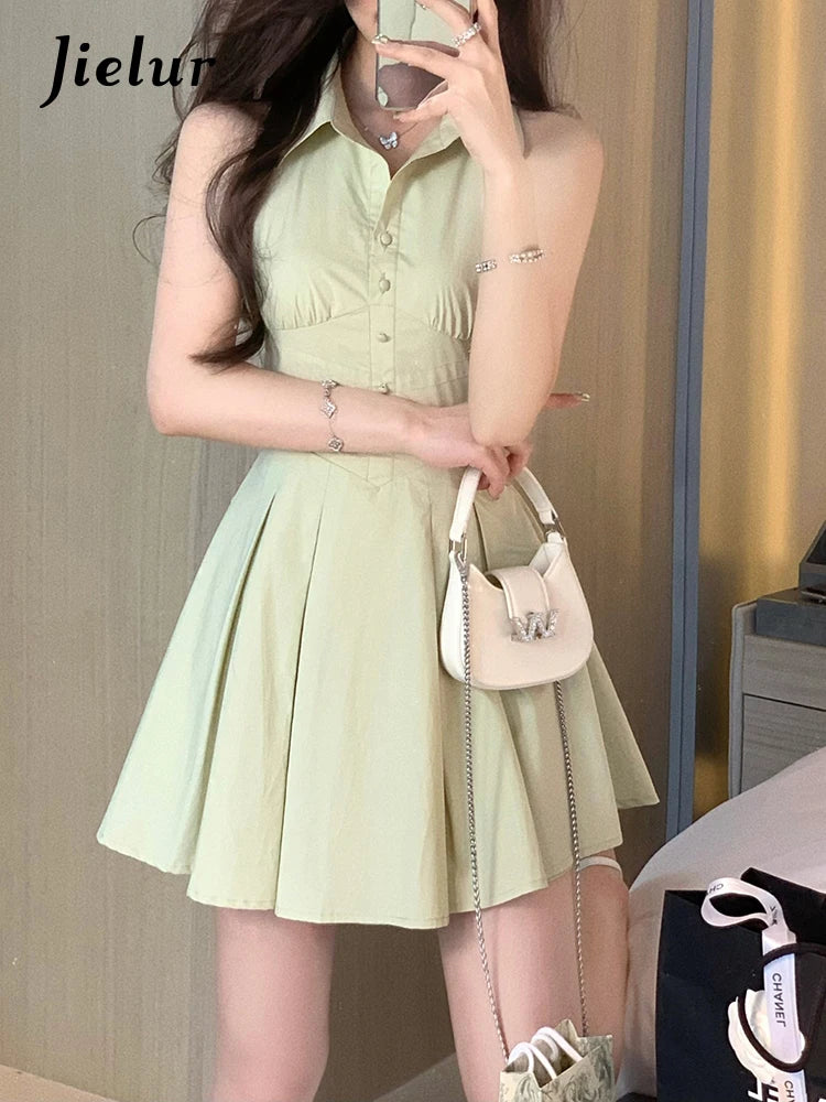 Green Sleeveless Polo Shirt Dresses Summer Solid Color Slim Waist Button Fashion Female Dress Vacation Casual Streetwear