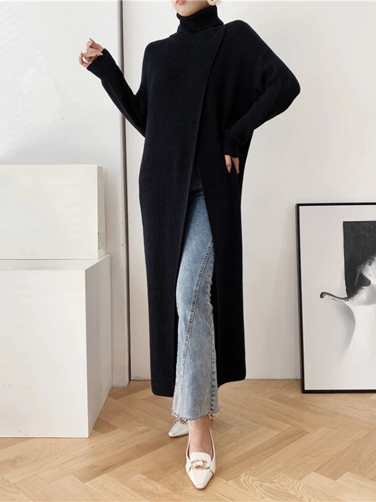 Vent Long Knitting Sweater Loose Fit Turtleneck Long Sleeve Women Pullovers New Fashion Tide Autumn Winter 2025 1DA357