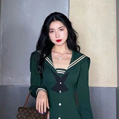 Load image into Gallery viewer, Preppy Style School Kawaii Cute Dress Women Soft Girl Student Sailor Collar Midi Dresses Vintage Long Sleeve Autumn
