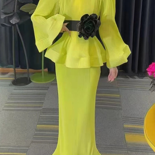 Load image into Gallery viewer, Hit Color Spliced Belt Two Piece Set For Women O Neck Long Sleeve Top High Wait Slimming Skirt Sets Female Fashion
