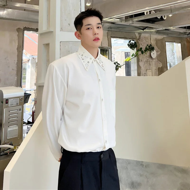 Korean Male Long Sleeve Shirts New Multi Metal Buckle Niche Design Turn-down Collar Stylish Menwear Spring Clothing 9W1401