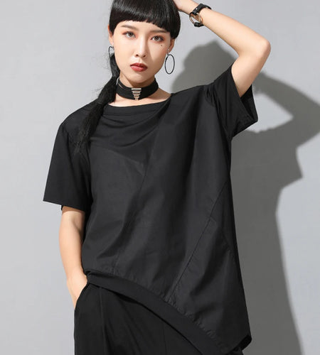 Women Black Irregular Hem Spliced Big Size T-shirt New Round Neck Short Sleeve Fashion Tide Spring Summer 2025 1DJ1765