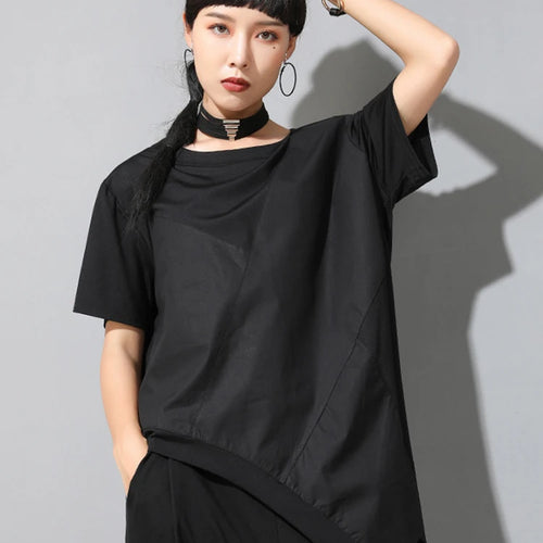 Load image into Gallery viewer, Women Black Irregular Hem Spliced Big Size T-shirt New Round Neck Short Sleeve Fashion Tide Spring Summer 2025 1DJ1765
