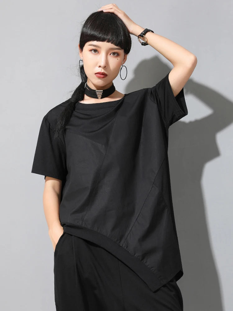 Women Black Irregular Hem Spliced Big Size T-shirt New Round Neck Short Sleeve Fashion Tide Spring Summer 2025 1DJ1765