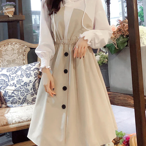 Load image into Gallery viewer, Women Autumn Patchwork Long Sleeve Midi Dress Fake Two Pieces Casual Elegant Vestido Femme Fashion Loose Apricot Dresses
