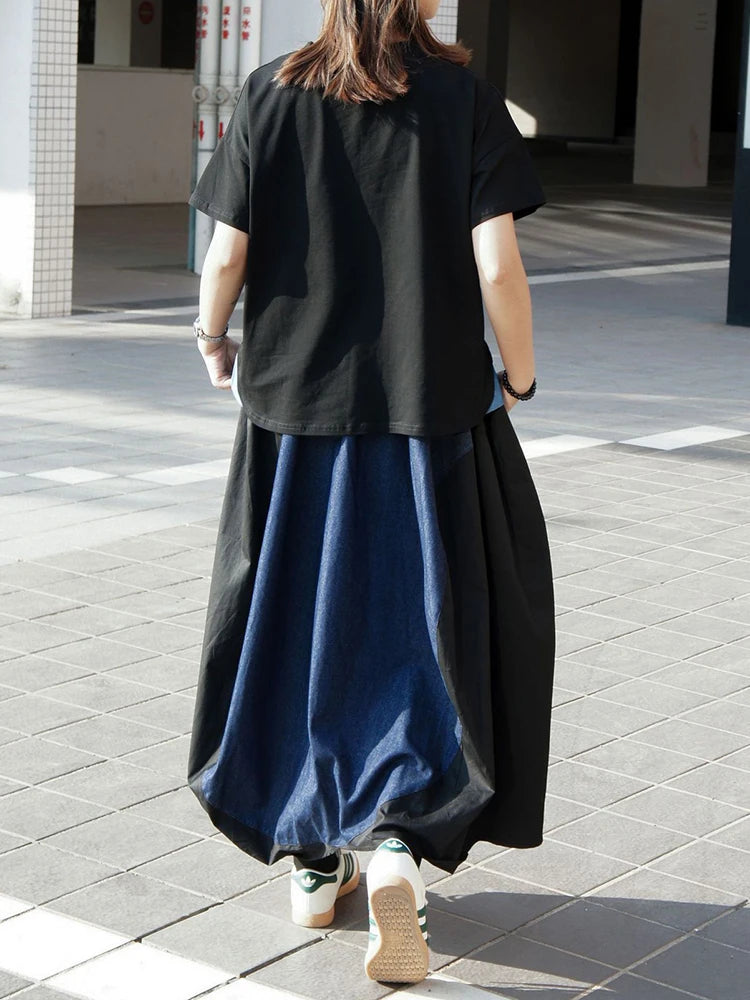High Elastic Waist Black Blue Color-block Irregular A-line Half-body Skirt Women Fashion New Spring Autumn 2025 1DJ0209