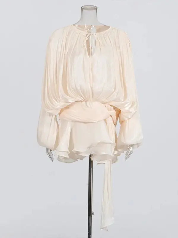 Solid Spliced Lace Up Mini Dresses For Women O Neck Long Sleeve High Waist Designer Dress Female Fashion Style New