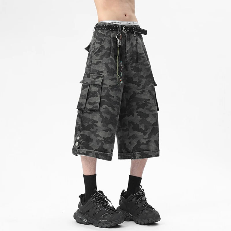 High Street Men's Denim Shorts New Summer Large Pockets Design Multi Buttons Male Straight American Style Bottoms  9W1672