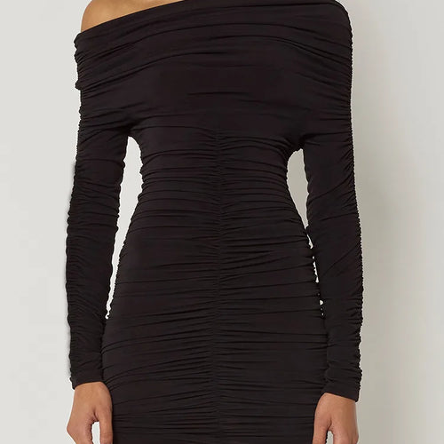Load image into Gallery viewer, Inclined Shoulder Long Sleeve Sexy Mini Dress For Women Autumn New Fashion Backless Ruched Bodycon Party Sexy Dress
