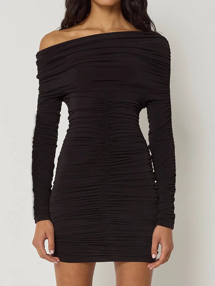 Inclined Shoulder Long Sleeve Sexy Mini Dress For Women Autumn New Fashion Backless Ruched Bodycon Party Sexy Dress