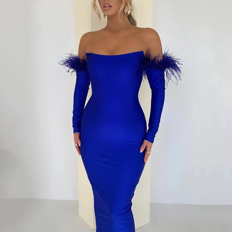 Elegant Off-shoulder Feather Sleeve Maxi Dress Women 2022 New Strapless Backless Bodycon Long Dress Vestido