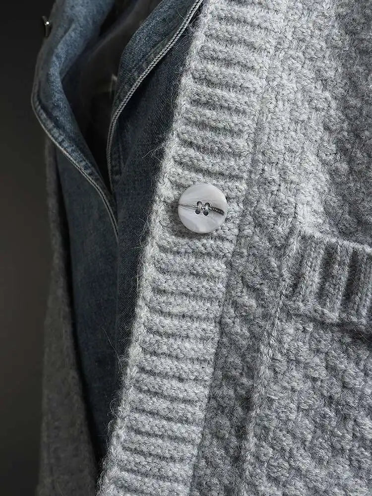 Gray Denim Irregular Big Size Knitting Cardigan Sweater Lapel Long Sleeve Women New Fashion Autumn Winter 2025 1DH5636