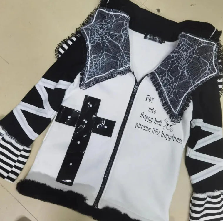 Gothic Jackets Women Striped Lace Patchwork Y2k Aesthetic Grunge Coats Harajuku  Loose Punk Streetwear Jacket