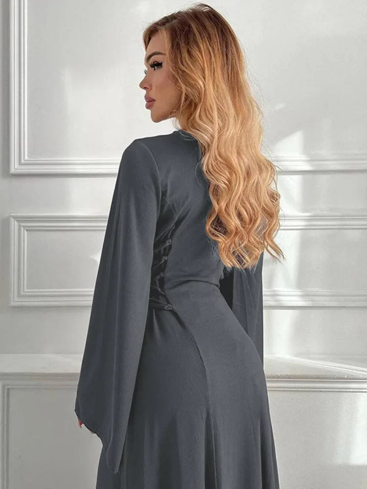 Ribbed Bandage Sexy Maxi Dress For Women Solid Lace-up O Neck Long Sleeve High Waist Elegant Long Dress Fashion