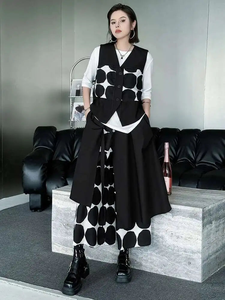 Big Size Black Dot Vest Wide Leg Pants Two Piece Suit New V-Neck Sleeveless Women Fashion Tide Spring Autumn 2025 1DJ1039