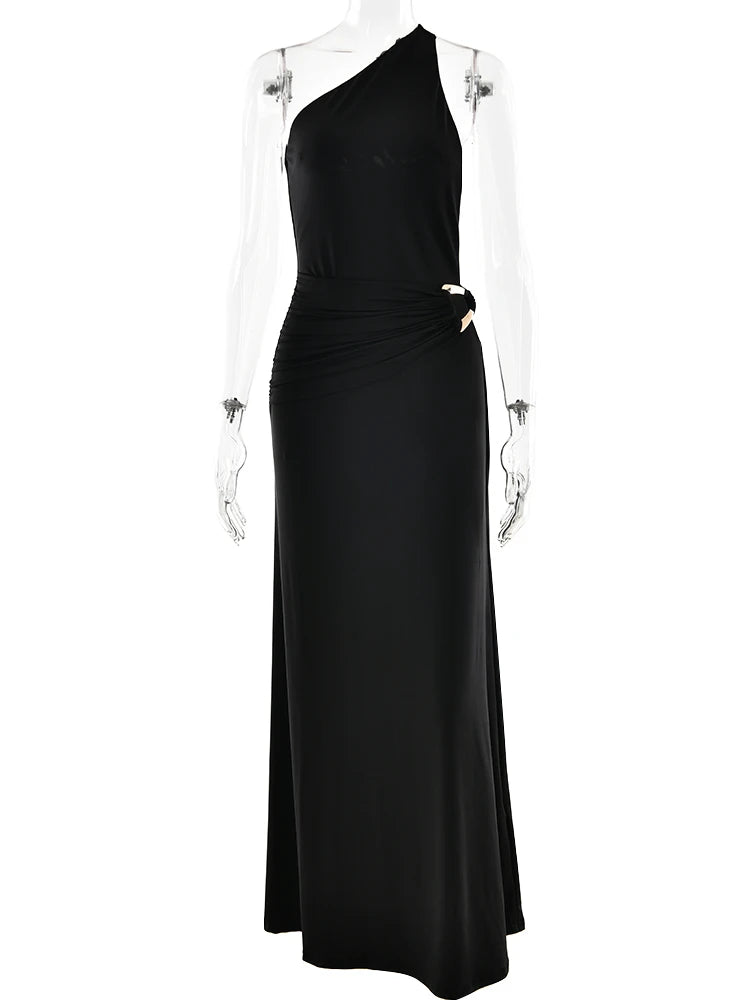 Oblique Shoulder Sleeveless Ruched Maxi Dress For Women Gown Elegant Metal Rings Backless Bodycon Long Dresses Vestidos
