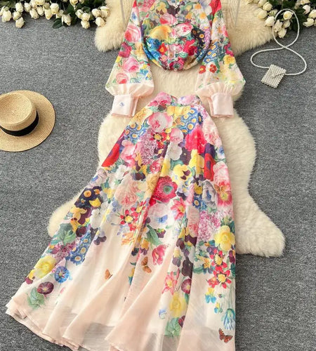 Spring Women's Beige Flower Elegant Long Sleeved Button Tops And High Waist Pleated Long Skirt French Vintage Two-piece Set Boho