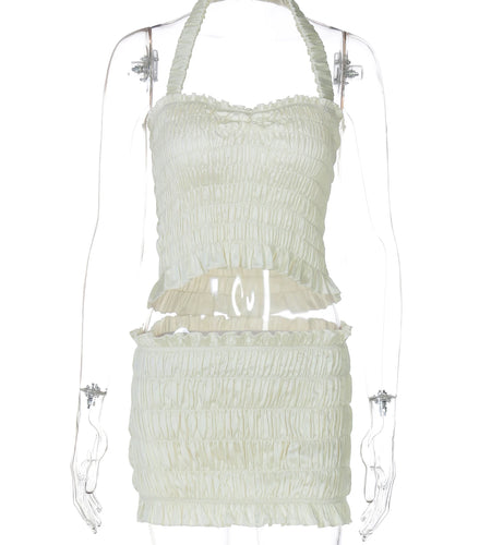 Women Fashion 2 Pcs Sets Halter Solid Ruched Sexy Slim Crop Tank Top Ruffles Skirt Cute Y2K Outfits Party Vacation