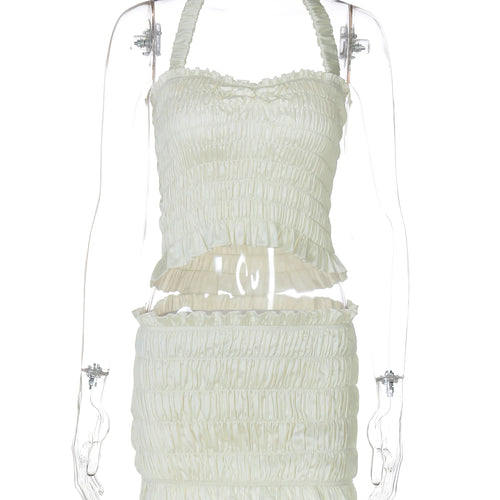 Load image into Gallery viewer, Women Fashion 2 Pcs Sets Halter Solid Ruched Sexy Slim Crop Tank Top Ruffles Skirt Cute Y2K Outfits Party Vacation
