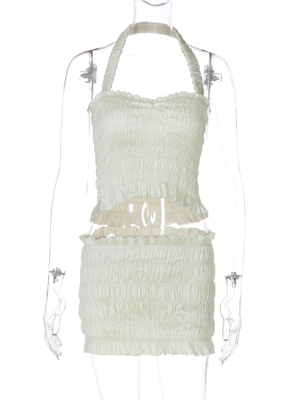 Women Fashion 2 Pcs Sets Halter Solid Ruched Sexy Slim Crop Tank Top Ruffles Skirt Cute Y2K Outfits Party Vacation