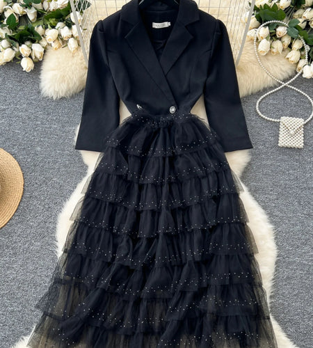 Autumn 2024 New Black Mesh Patchwork Sequin Elegant Long Sleeve Slim Dress Korean Women Khaki Temperament High Waist Cake Dress