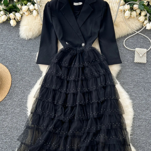 Load image into Gallery viewer, Autumn 2024 New Black Mesh Patchwork Sequin Elegant Long Sleeve Slim Dress Korean Women Khaki Temperament High Waist Cake Dress
