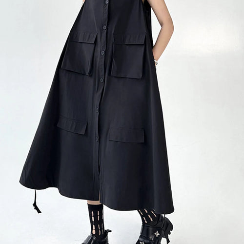 Load image into Gallery viewer, Women Black Pockets Big Size Casual Midi Vest Dress New Round Neck Sleeveless Fashion Tide Spring Autumn 2025 1DJ1167

