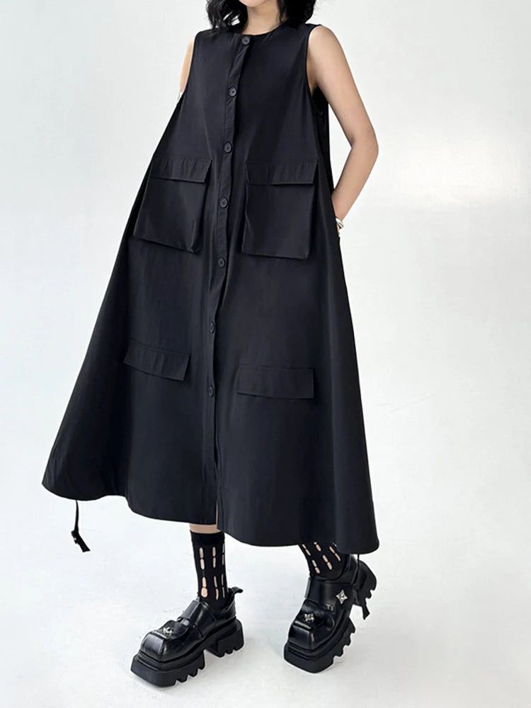 Women Black Pockets Big Size Casual Midi Vest Dress New Round Neck Sleeveless Fashion Tide Spring Autumn 2025 1DJ1167