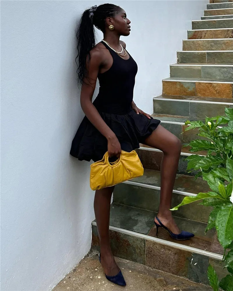 Black Sleeveless Puffy Dress For Women Fashion Round Neck High Waist Backless A-line Loose Sexy Dress Clothes