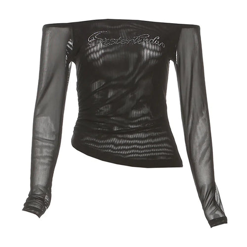 Load image into Gallery viewer, Vintage Slash Neck Diamond Letter Tshirts Streetwear Gauze Slim Fairy Tees Women Y2k Aesthetic Irregular Grunge T-shirts Sexy
