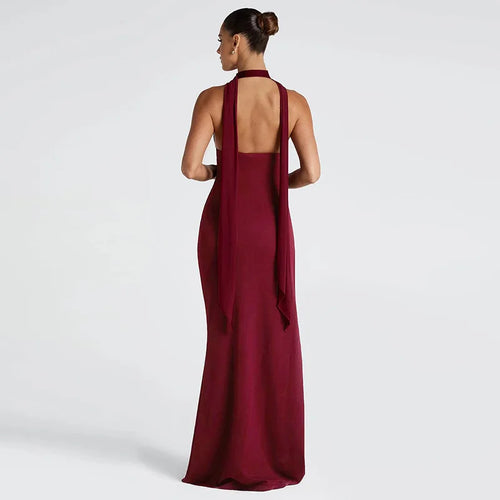 Load image into Gallery viewer, Scarf Collar Backless Sexy Maxi Dress Women Gown Fashion Halter Deep V Neck Thigh High Split Bodycon Long Dress
