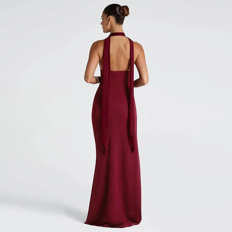 Scarf Collar Backless Sexy Maxi Dress Women Gown Fashion Halter Deep V Neck Thigh High Split Bodycon Long Dress