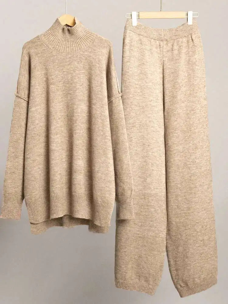 Big Size Red Sweater Wide Leg Pants Two Piece Suit New Turtleneck Long Sleeve Women Fashion Spring Autumn 2025 1DH8550