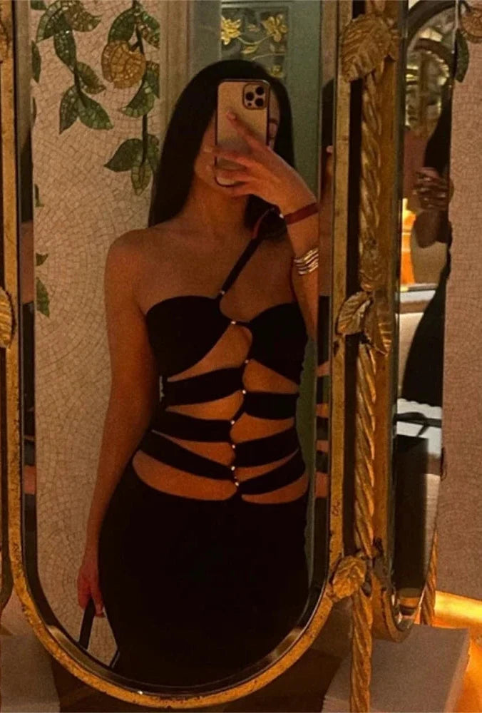 Cut Out One Shoulder Backless Long Dresses for Women Sexy Black Party Dress Going Out Night Club Outfits C96-CH26