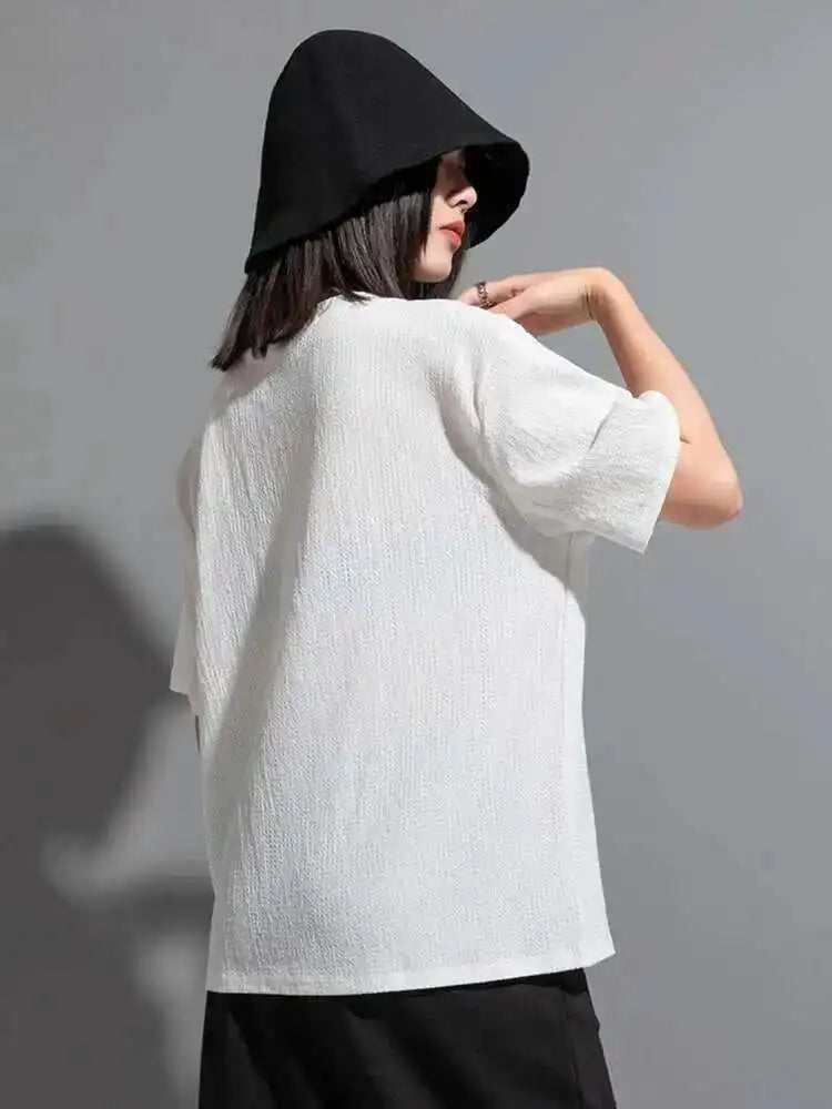 Women White Irregular Pleated Big Size Casual T-shirt New Round Neck Short Sleeve Fashion Tide Spring Summer 2025 1DF8661