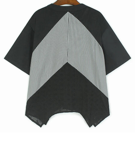 Women Black Striped Lace Hem Big Size Blouse New Stand Collar Half Sleeve Shirt Fashion Tide Spring Summer 2025 1DJ1109